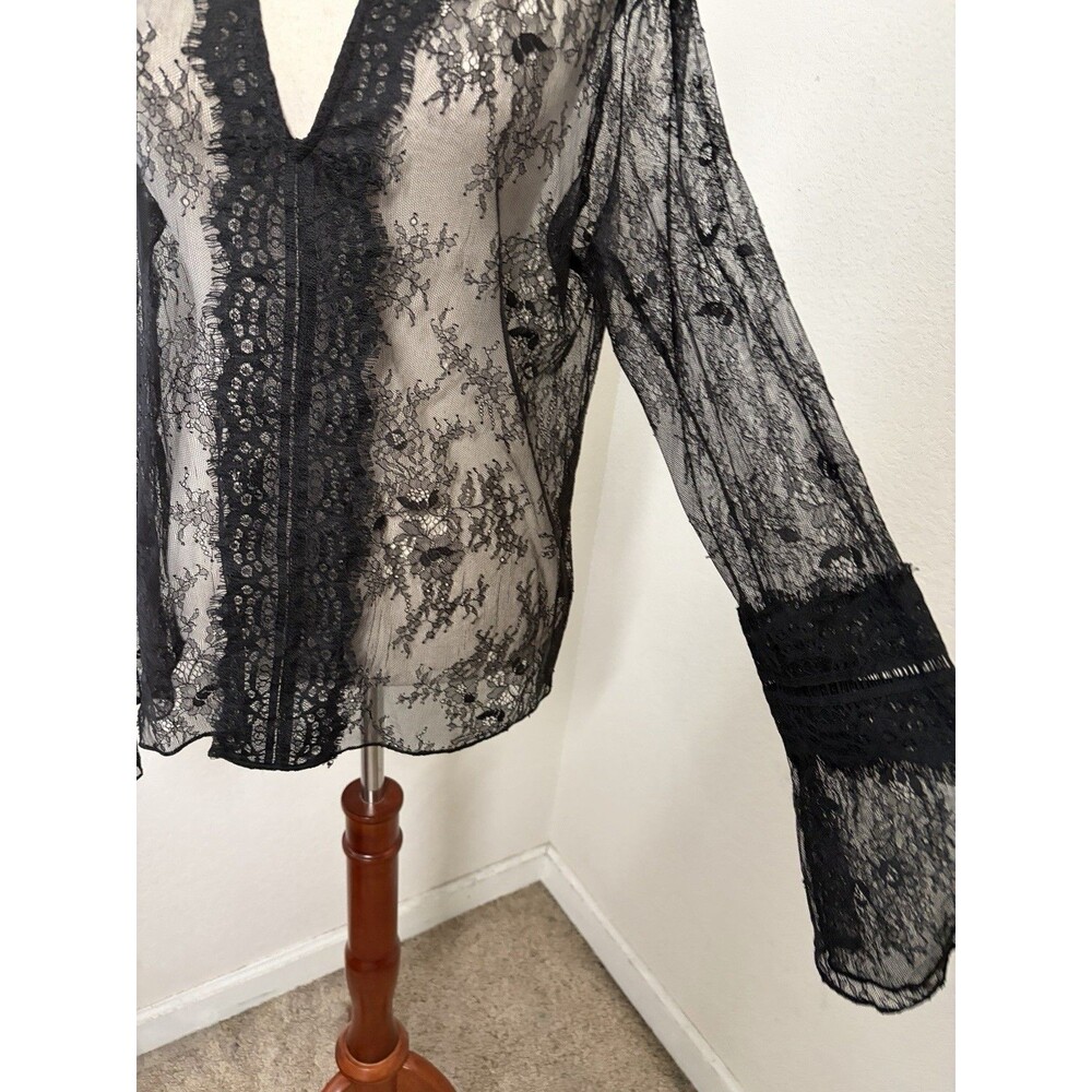 Guess Womens L Black Sheer Lace Choker Neck Long Sleeve Blouse Romantic Goth - Picture 2 of 6